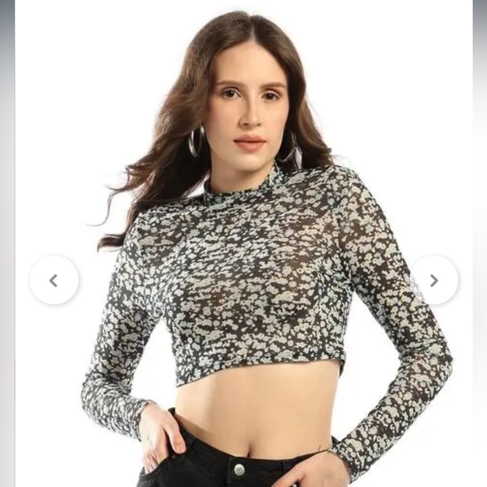 ASOS DESIGN Hourglass Mesh High-Neck Long Sleeve Crop Top in Blue Floral